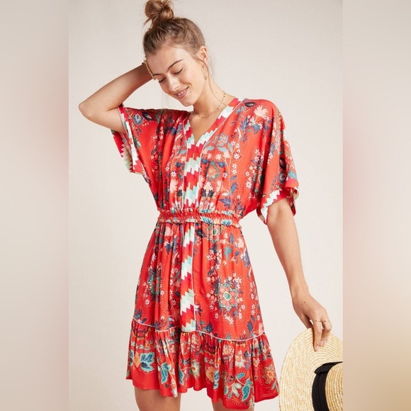 Farm Rio X Anthropologie Jane Red Floral Paisley Boho V Neck Mini Dress Large - Picture 1 of 16
